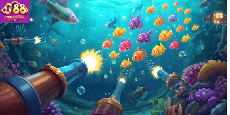 Colorful ocean arcade scene with cannons and fish